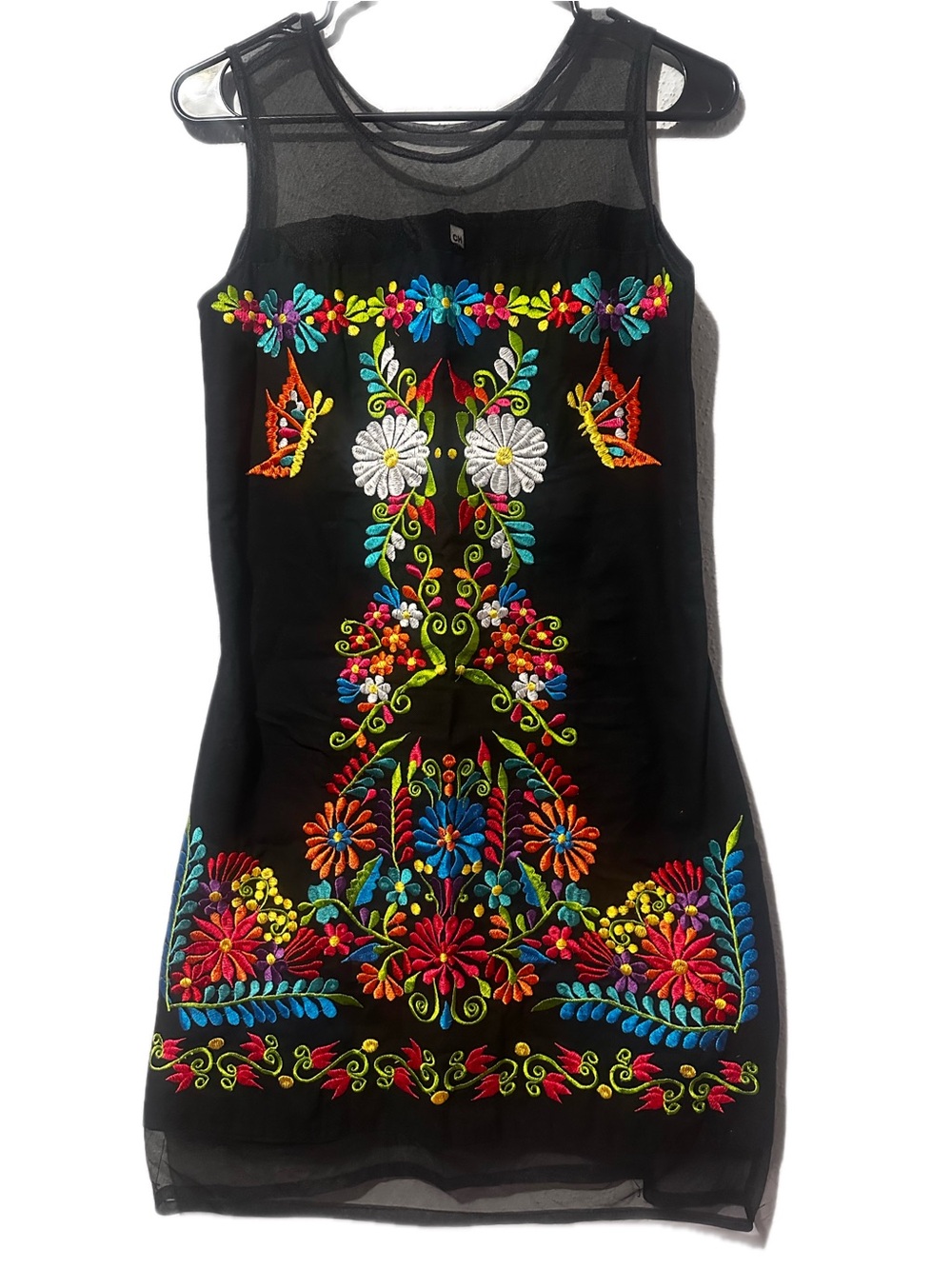 Black Sleeveless Mini Dress with Vibrant Multicolor Embroidery